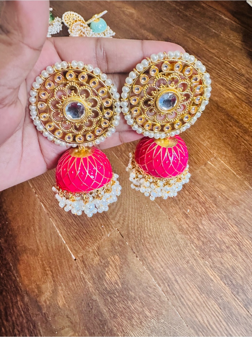 Traditional Gold-Tone and Pink Jhumka Earrings with Pearls
